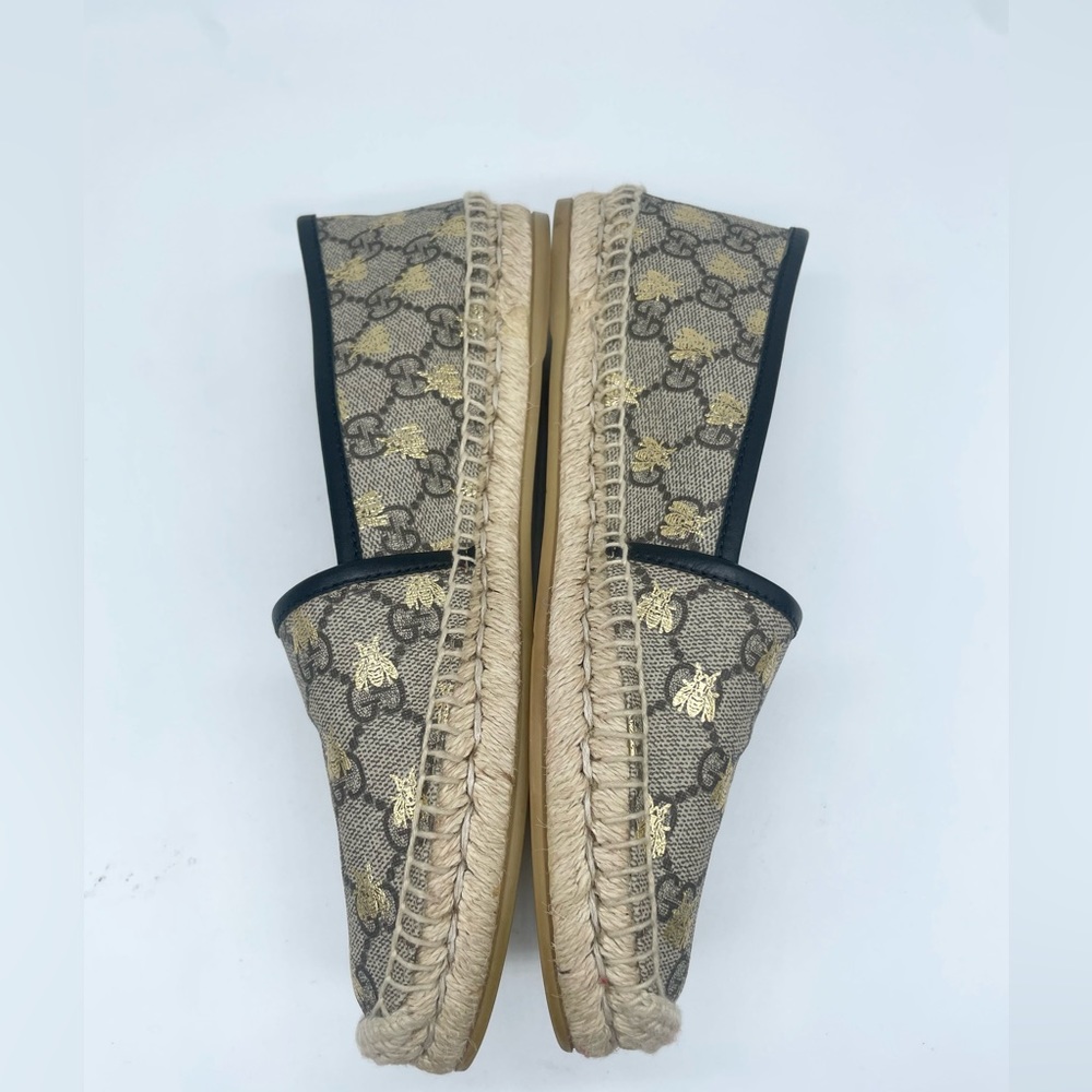 Gucci Beige Natural GG coated canvas black leather trim bee espadrille 38.5 - Picture 3 of 8